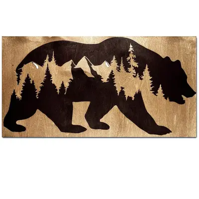 Wooden Bear Wall Art with Mountain Silhouette