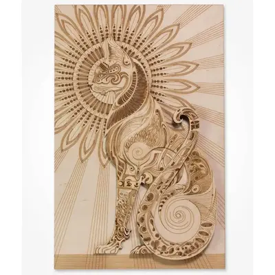 Egyptian Cat Wooden Wall Decor with Sun God Symbol