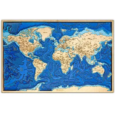 3D Wooden Blue -natural World Map
