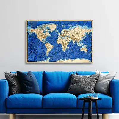3D Wooden Ocean Depths World Map 