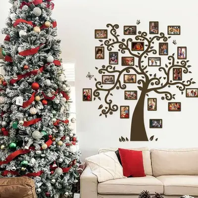 Wooden Family Tree with Leaves, Flowers and Butterflies