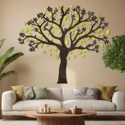 Wood Family Tree Wall Decor with Green Leaves