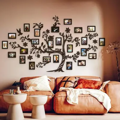 Family Tree Wooden Wall Art with Birds and Photo Frames