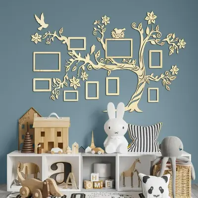Wooden family tree wall decor with 9 photo frames.