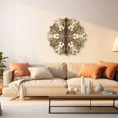 Handcrafted 3D Wooden Mandala with Ornate Design and Green Accents